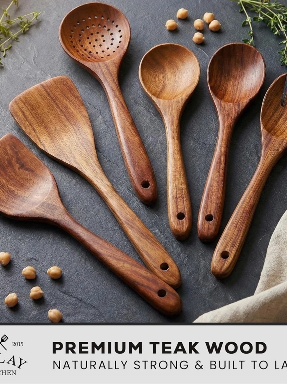 Premium Teak Wood Cooking Utensil Set - Natural Brown